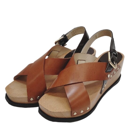 Jimmy Choo 2-Tone Brown Leather, Wood & Patent Leather Wedge Stud Sandals Size 5 main image 2